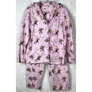 So Heavenly Large 2 Piece Pink Flannel Monkey Pajamas Button Down 1990's